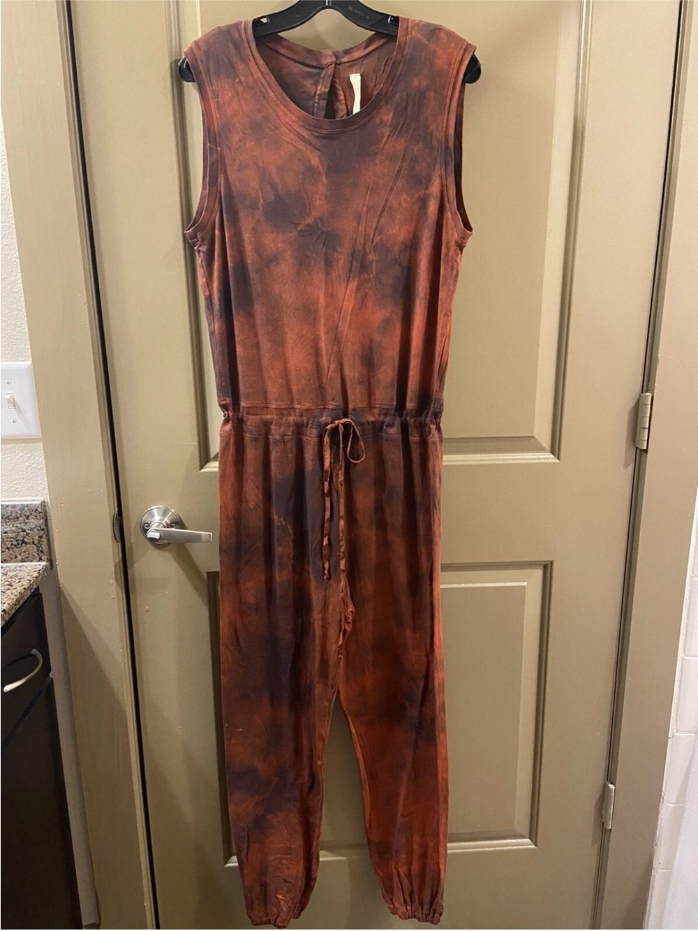 Raquel Allegra Sleeveless Rust and Black Tie-Dye Jumpsuit